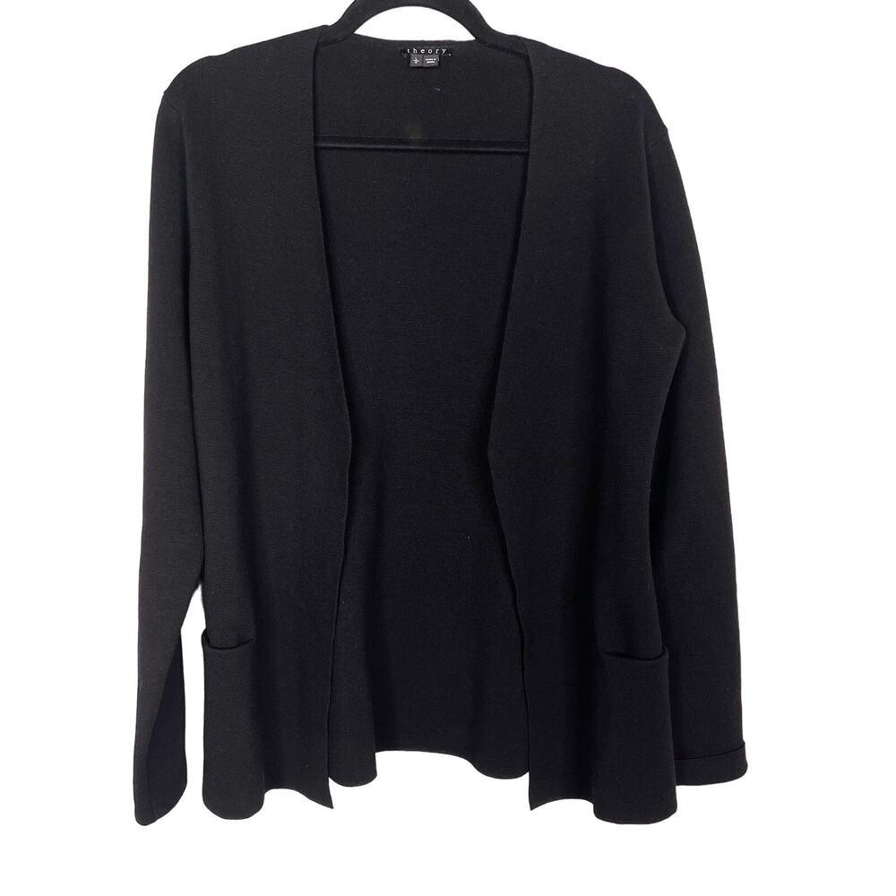 Theory Womens L Black Lanais Canonical Cardigan Sweater Blazer Wool Open Front